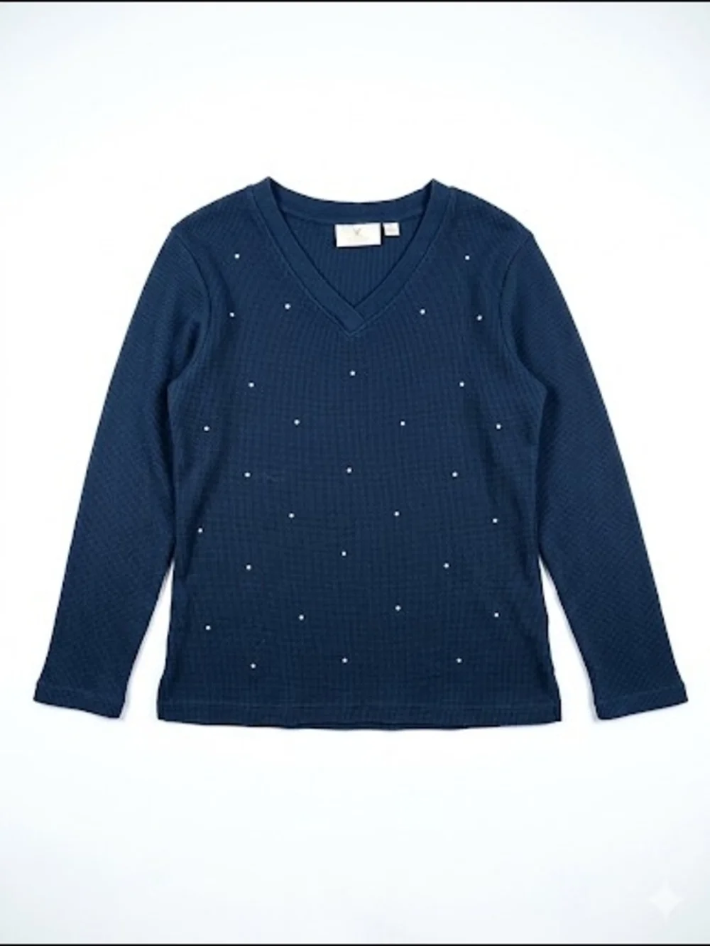 Quacker Factory Black Waffle Knit V-Neck Long Sleeve Sweater with Rhinestone